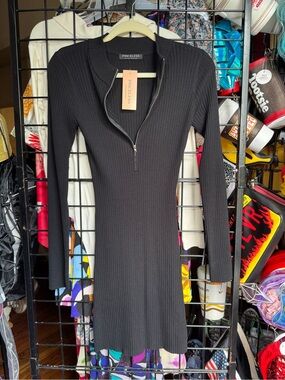 NWT Priceless Black Ribbed Zip-Neck Long Sleeve Bodycon Dress